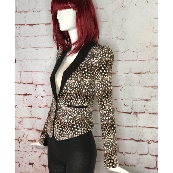 BCBGMaxAzria BOWIE Feather XXS Camel Combo Leopard print Tuxedo Blazer Jacket - Picture 12 of 16